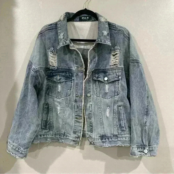 Women’s Blue B Collection Distressed Jean Jacket Size Large - Picture 1 of 9